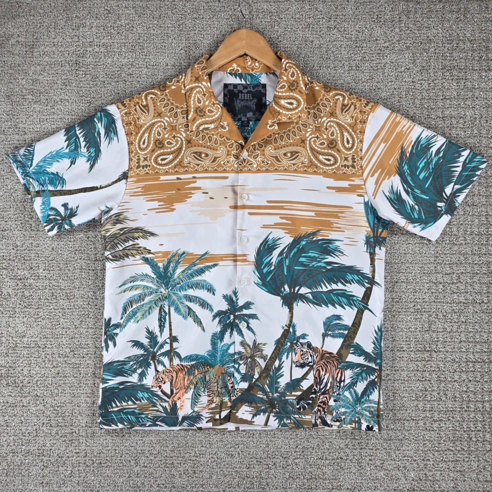 Rebel Vengeance Mens Medium Tropical Tiger Paisley Print Button Up Shirt‎ White